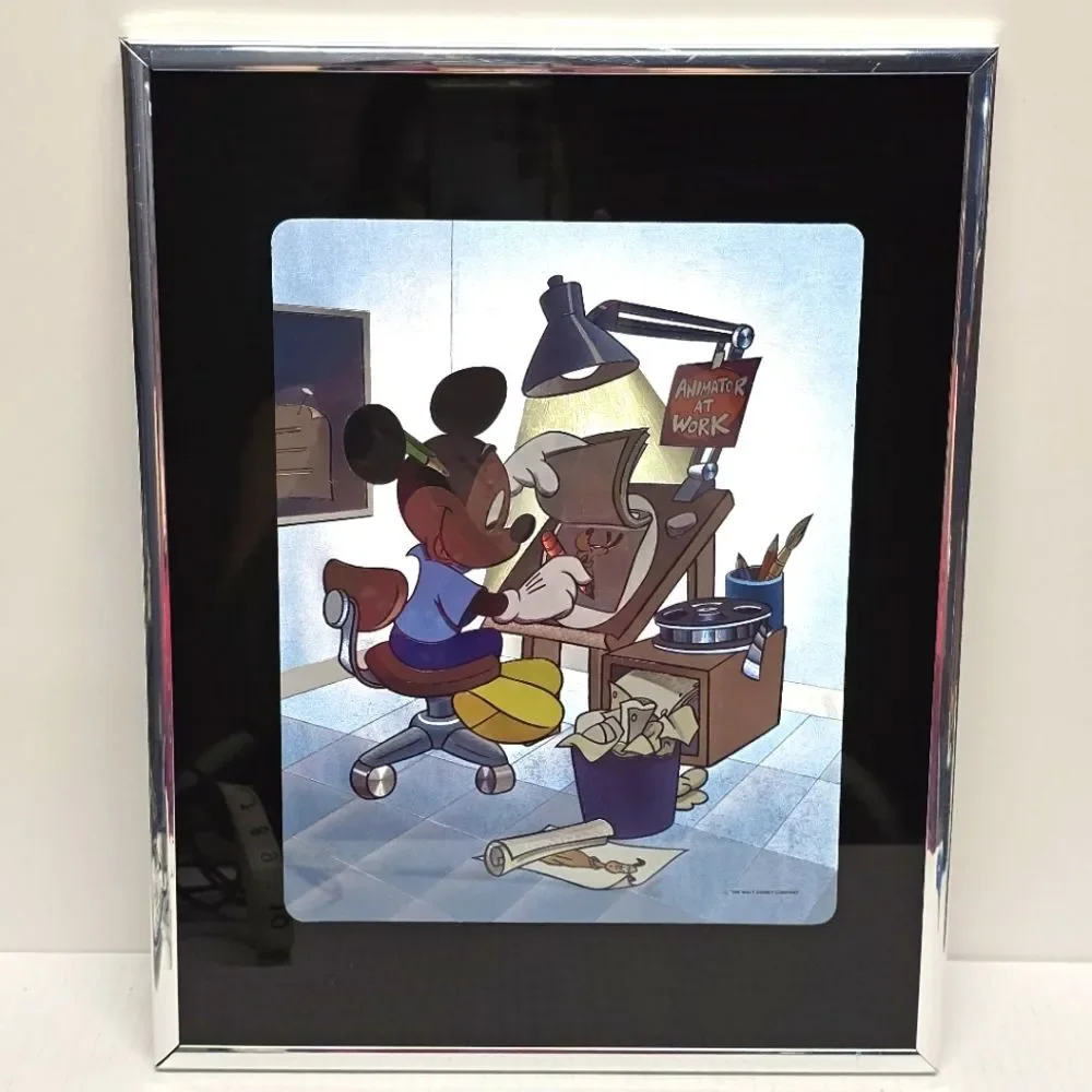 Disney Mickey Mouse Animator At Work Framed Foil Picture Art Vintage